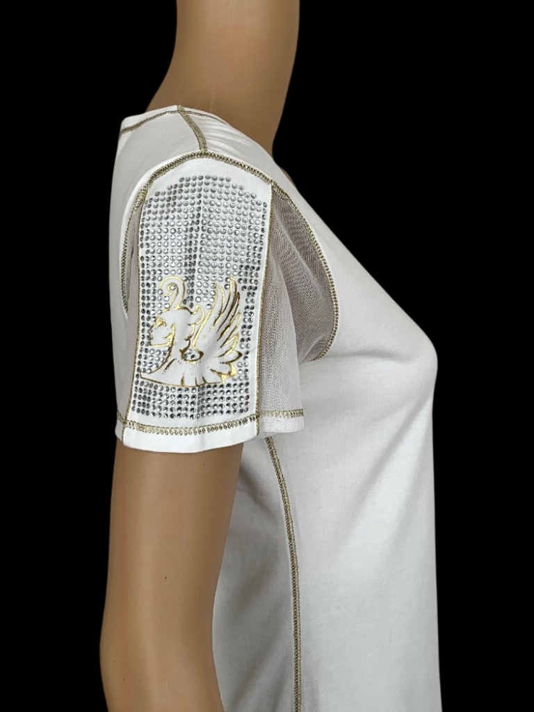 Cappopera White Cotton Top Rhinestone Short Sleeve Size M